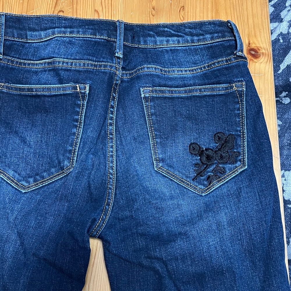 Aqua Mid Rise Cuffed Jeans - Black Flower Embroidered Detail